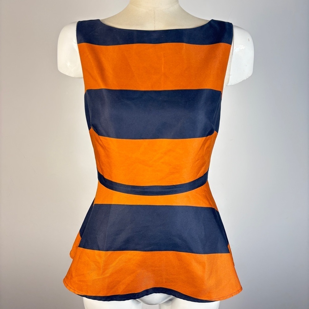 Banana Republic Navy Blue & Orange Striped Peplum Top 2